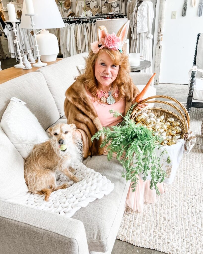 Nichelle, having fun getting dressed for Easter with Pippa the pup at Georgie Emerson Vintage.