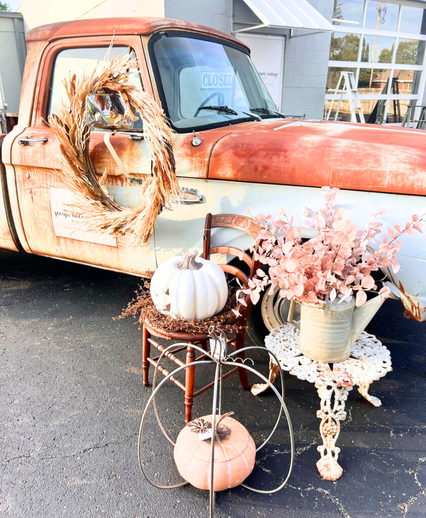 Creative display of Gerty a 1966 Ford Truck sits outside of the Mercantile Shop, Georgie Emerson Vintage.