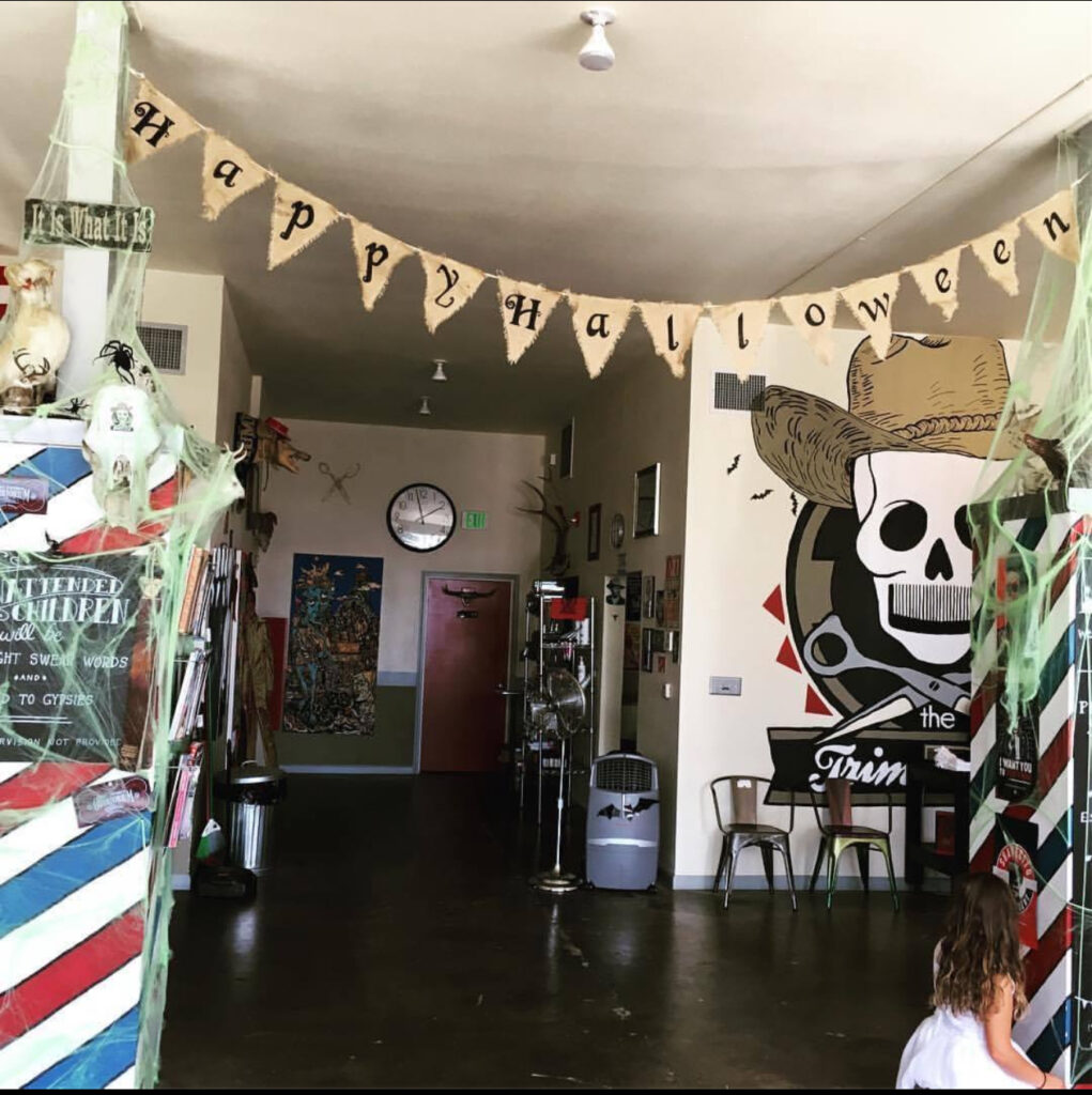 A picture of inside the doors of TrimSene-a salon and barbershop in Arcata, California.