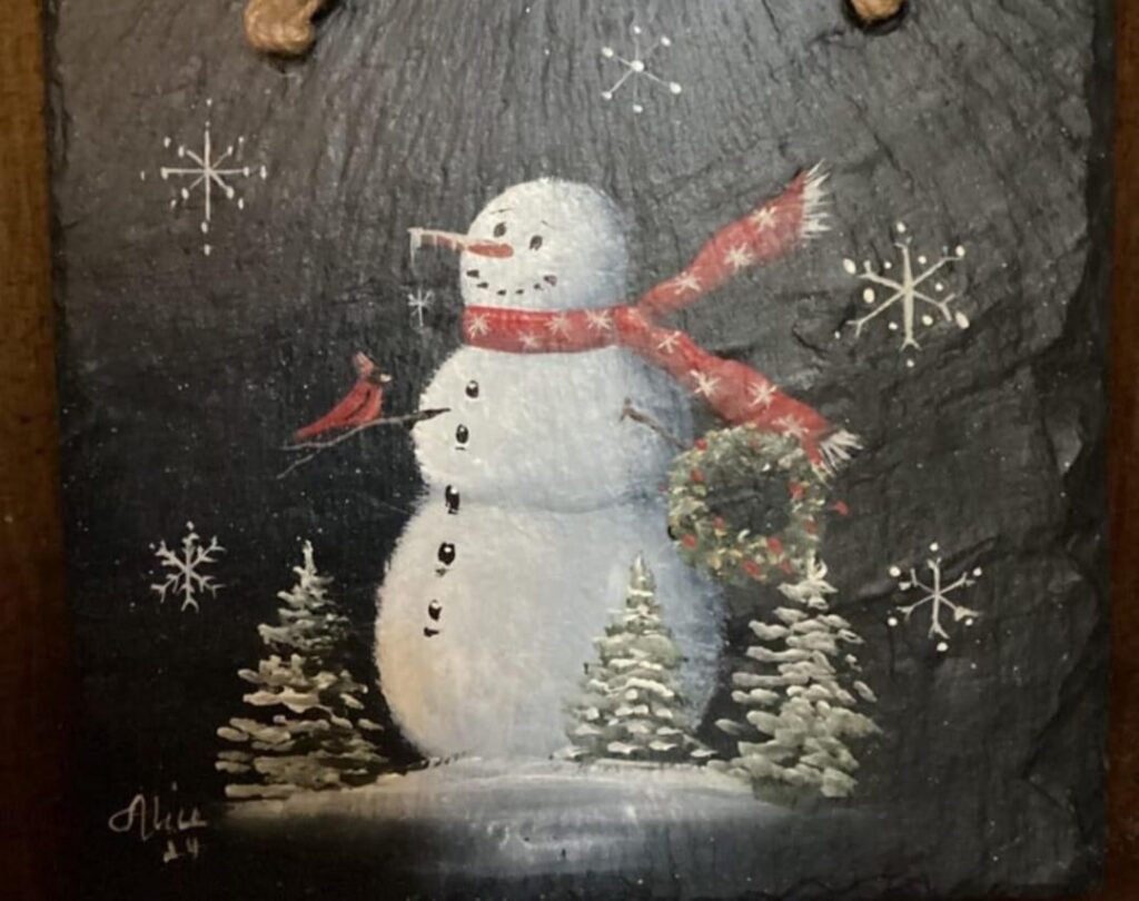 Snowman painted by Artist, Kelly Swingle.