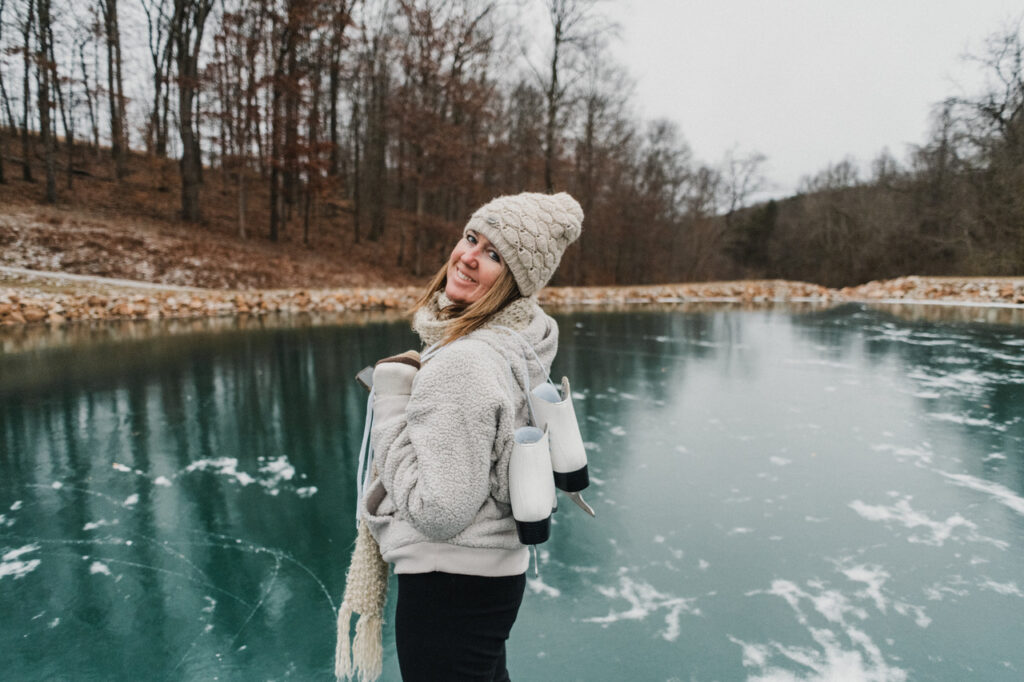 The talented Melanie DeFazio at her pond ready to snow skate.