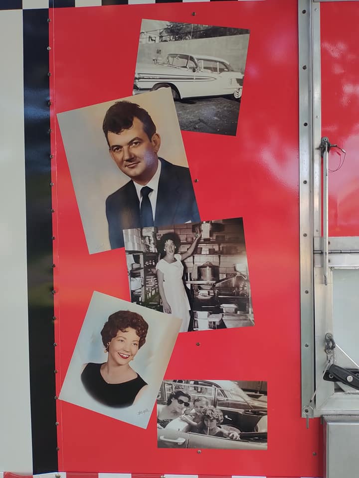 Pictures of Jamie's Mast parents placed on the conession trailer of the original Jimmy's Jawbreaker